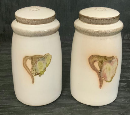 Denby Troubadour Salt and Pepper Shakers with green flower design