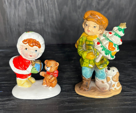 Enesco Boy and Girl with Dogs Vintage Christmas Figurines
