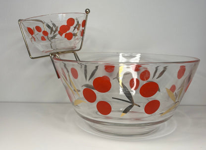 Federal Glass Cherry Gold Leaf Vintage Chip and Dip Bowl set
