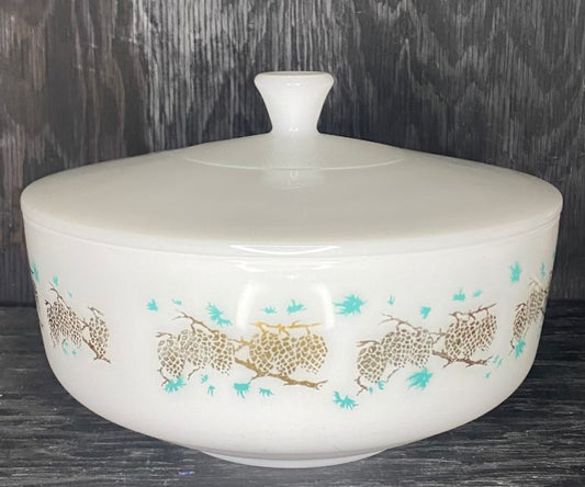 Federal Glass Gold Turquoise 9 Inch Casserole Serving Bowl with Lid