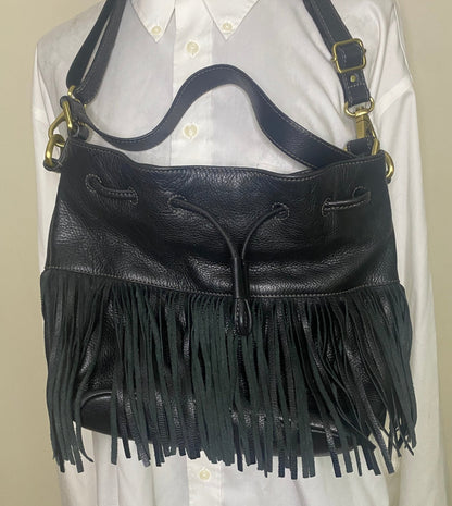 Fossil 1954 Black Fringe Drawstring Tote Convertible Purse