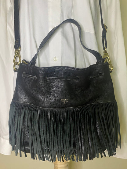 Fossil 1954 Black Fringe Drawstring Tote Convertible Purse