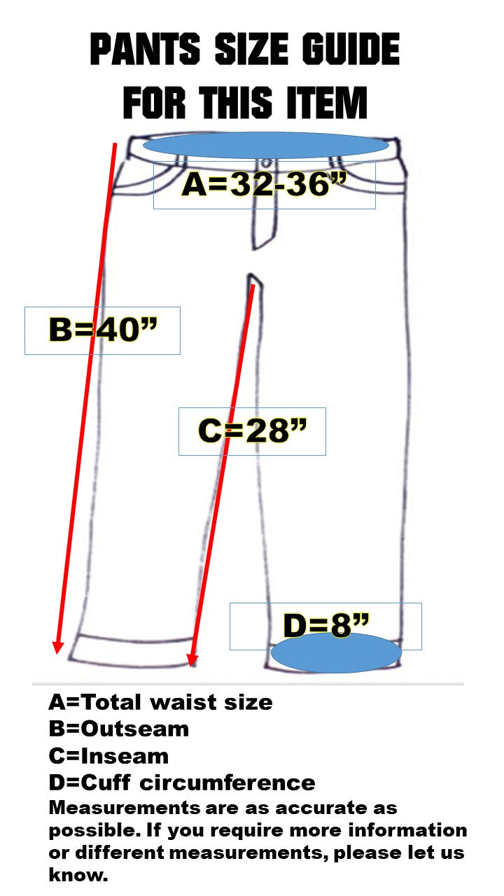 Pants size guide with measurements labeled on a white background