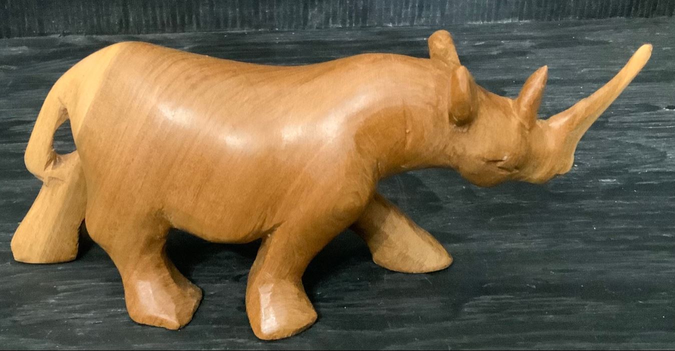 Hand Carved Wood Rhinoceros and Lion Statuettes