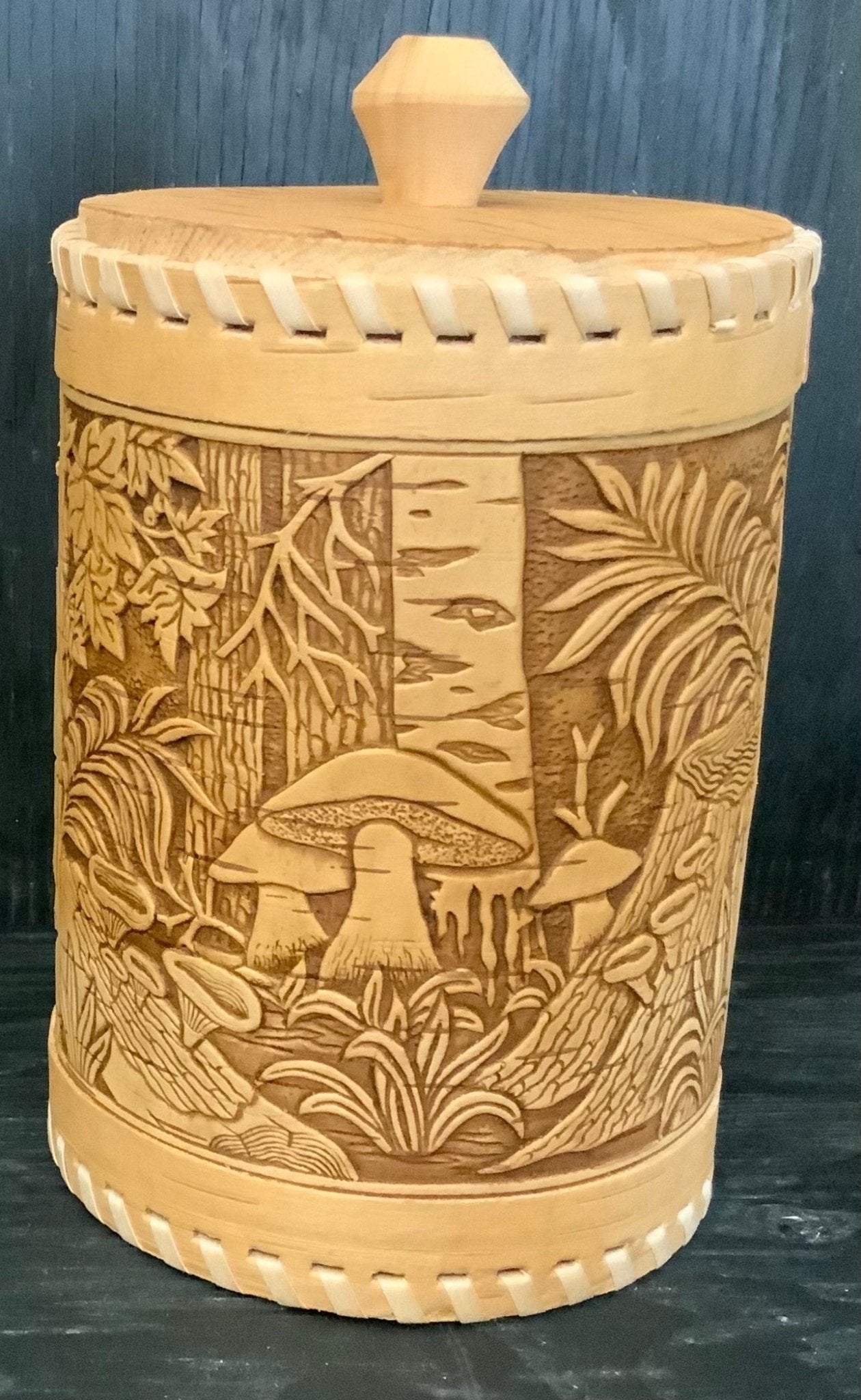 Hand Crafted Mushroom Theme Birch Bark Container - HLJ at HomeHand Crafted Mushroom Theme Birch Bark ContainerCanisterHLJ at Home