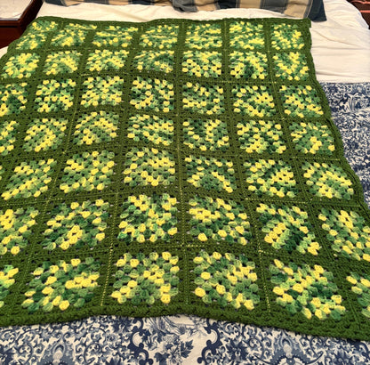 Hand Knit Green Afghan Throw Granny Blanket