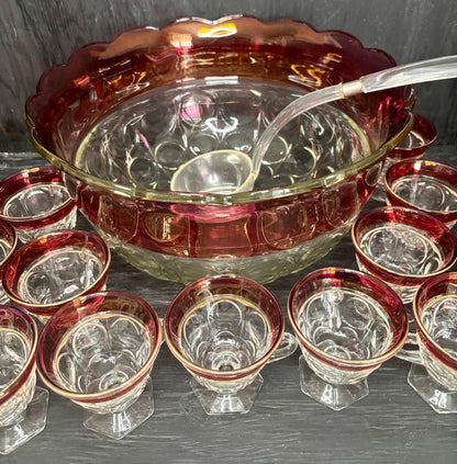Indiana Glass Ruby Red Glass Punch Bowl Set