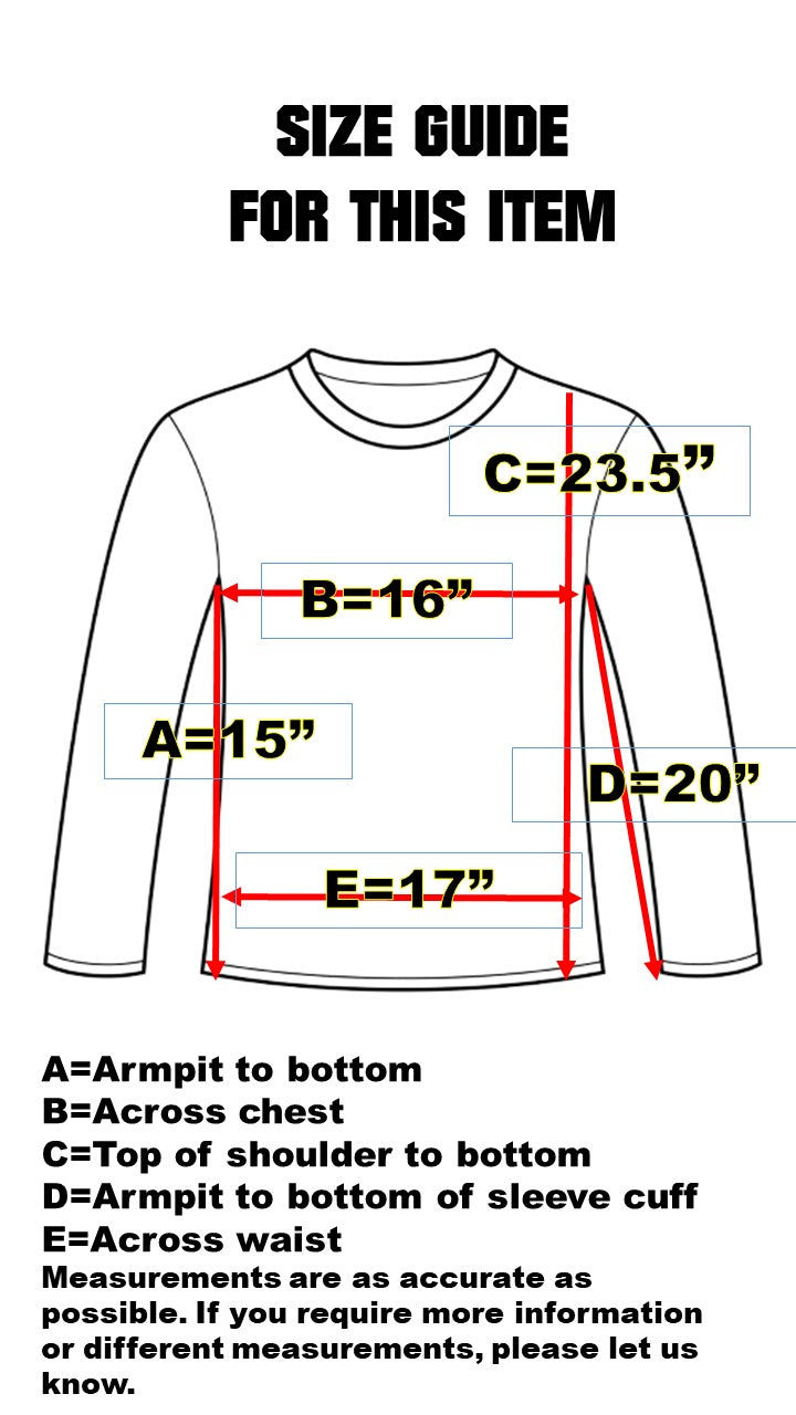 Size guide for a long-sleeve shirt with measurements labeled on a white background