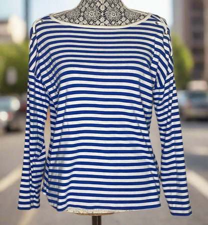 Jones New York Blue and White Stripe Long Sleeve Womens Top