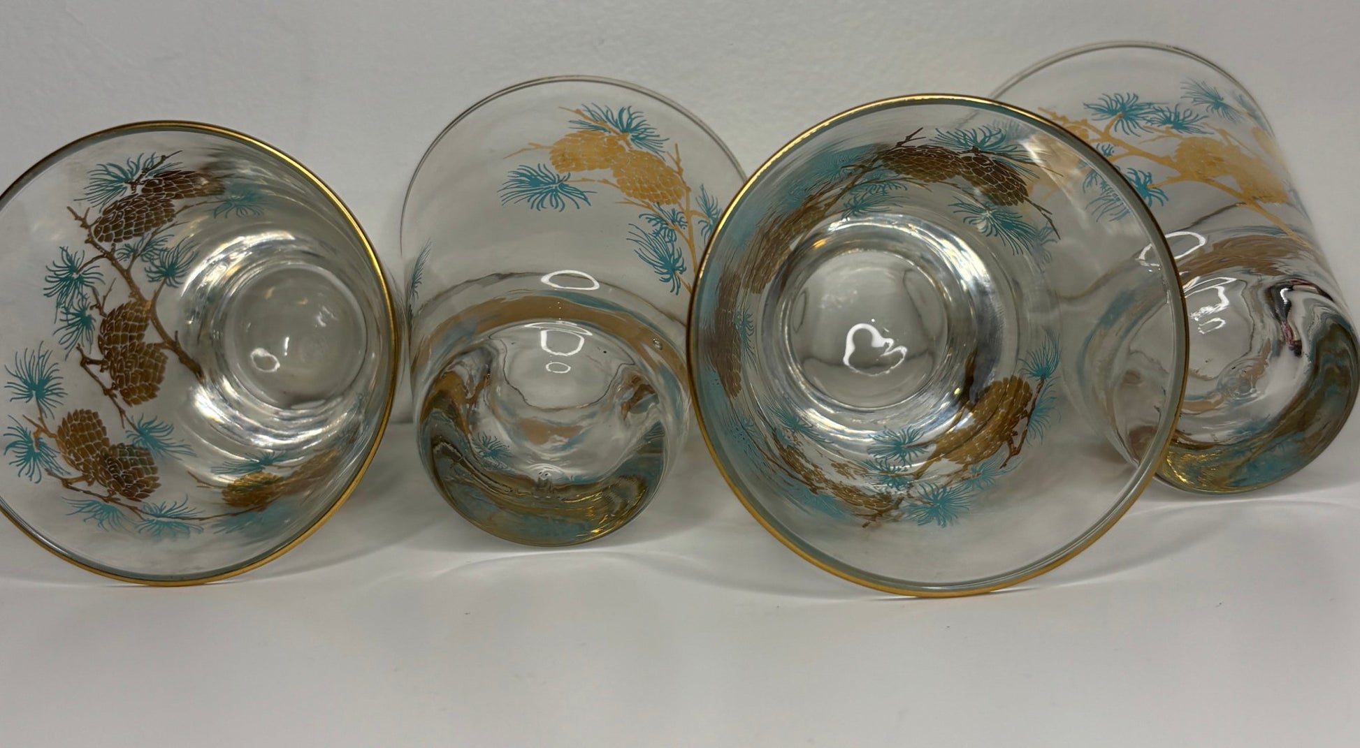 Libbey David Douglas Gold and Teal Pinecone Whiskey Glasses Set