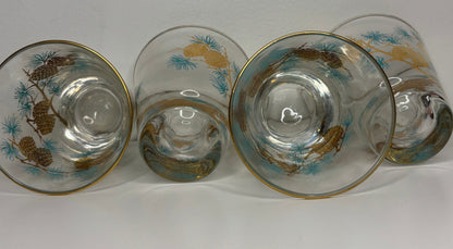 Libbey David Douglas Gold and Teal Pinecone Whiskey Glasses Set