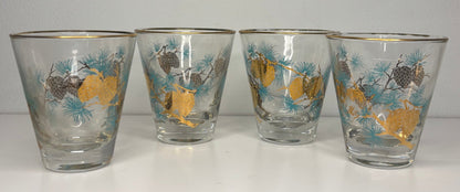 Libbey David Douglas Gold and Teal Pinecone Whiskey Glasses Set