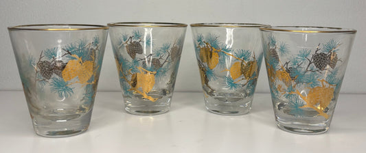 Libbey David Douglas Gold and Teal Pinecone Whiskey Glasses Set