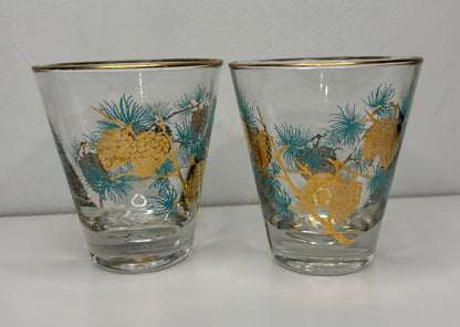 Libbey David Douglas Gold and Teal Pinecone Whiskey Glasses Set