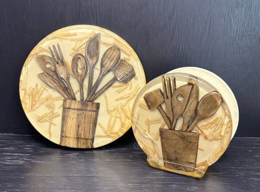 Lucite Wood Kitchen Utensil Theme Pot Stand and Napkin Holder