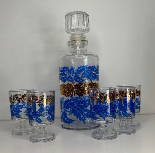 Luminarc France Vintage Blue and Gold Decanter and Shot Glasses