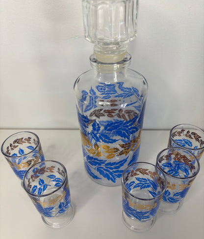 Luminarc France Vintage Blue and Gold Decanter and Shot Glasses