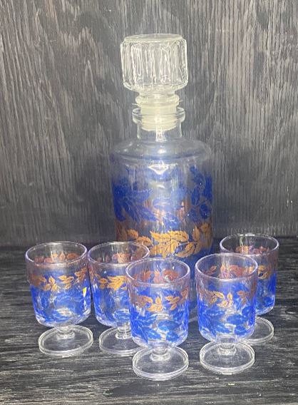 Luminarc France Vintage Blue and Gold Decanter and Shot Glasses