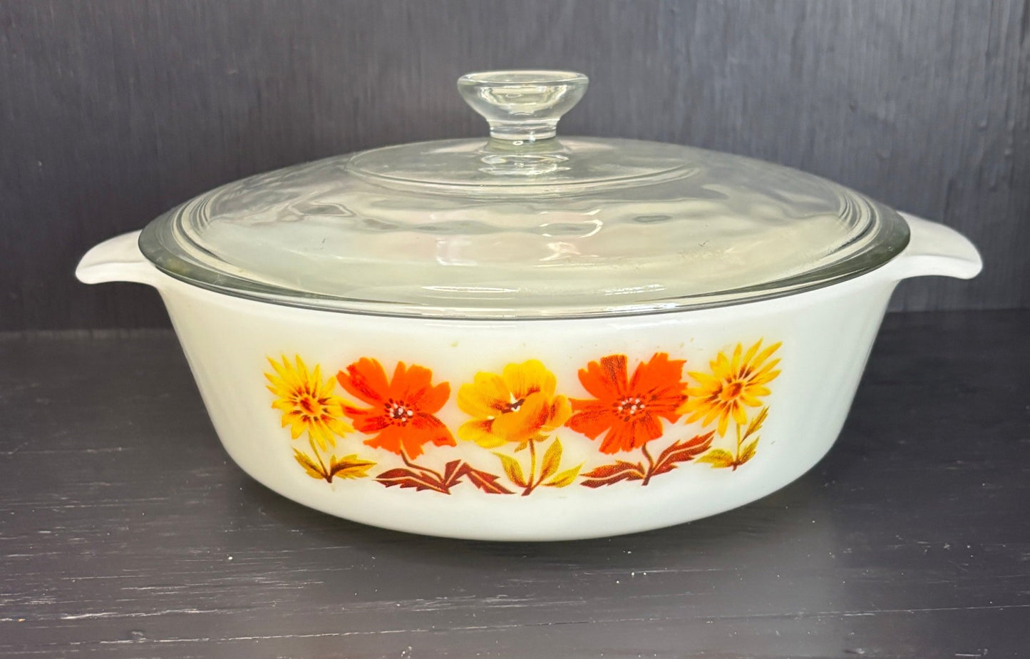 Made in USA Glas-Bake orange flower Covered Casserole Dish