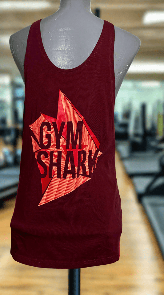 Red 'Gym Shark' tank top on a mannequin in a gym setting