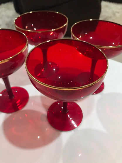 Mid Century Red Champagne Glasses Coupes with gold trim