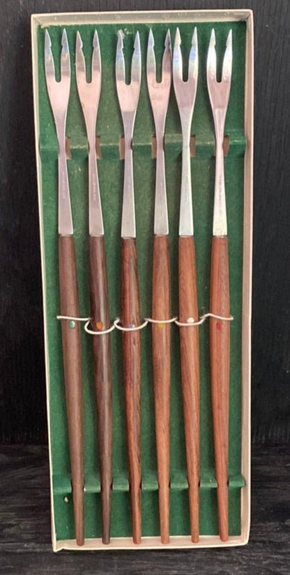 Mid Century Teak Handled Fondue Fork Set