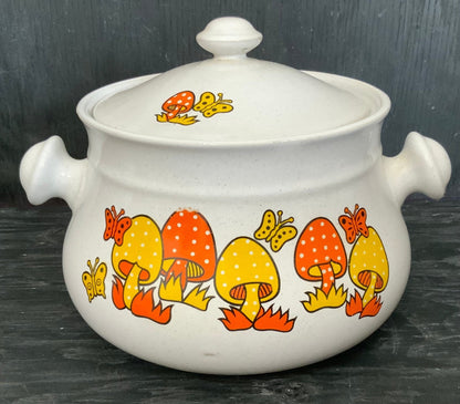 Mid Century Vintage Mushroom Soup Pot and Handled Serving Bowls
