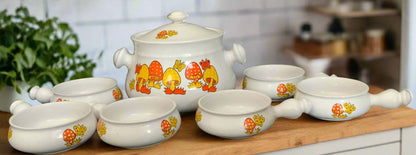 Mid Century Vintage Mushroom Soup Pot and Handled Serving Bowls