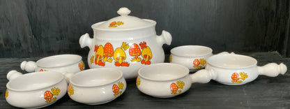 Mid Century Vintage Mushroom Soup Pot and Handled Serving Bowls