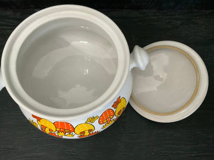Mid Century Vintage Mushroom Soup Pot and Handled Serving Bowls