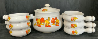 Mid Century Vintage Mushroom Soup Pot and Handled Serving Bowls
