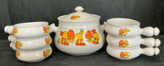Mid Century Vintage Mushroom Soup Pot and Handled Serving Bowls