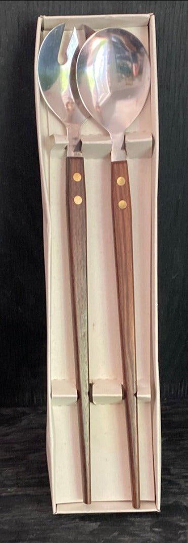Mid Century Vintage Rosewood Handle Salad Fork and Spoon