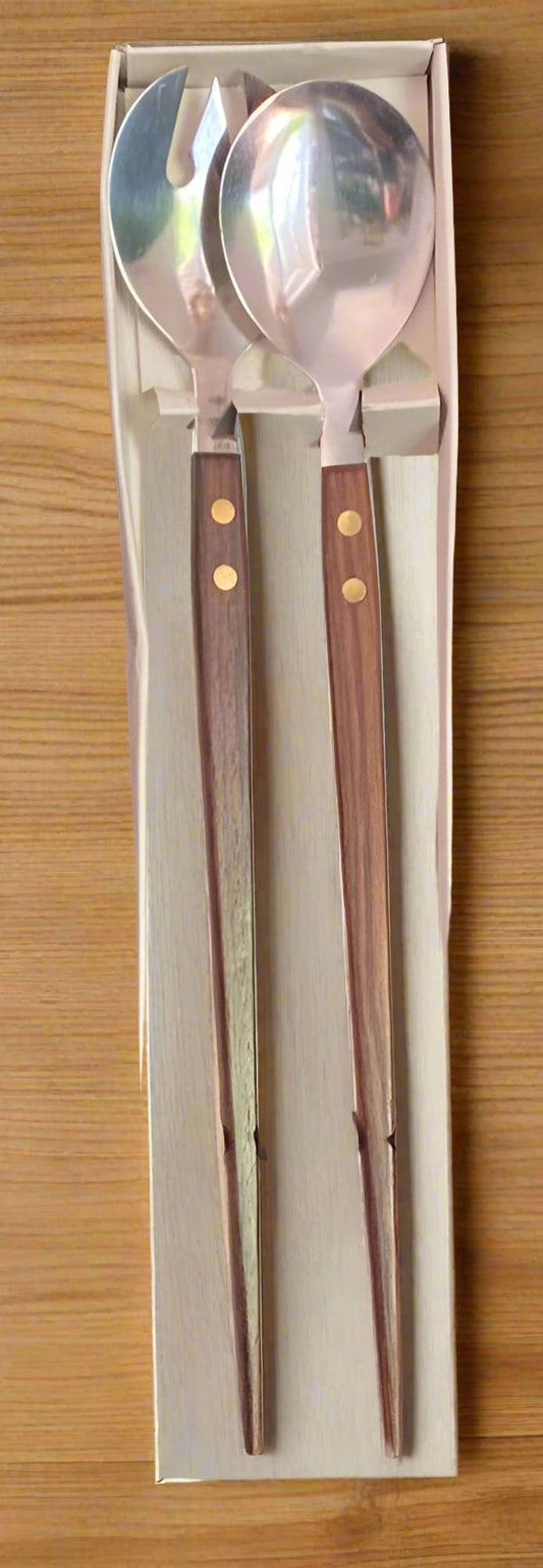 Mid Century Vintage Rosewood Handle Salad Fork and Spoon Set