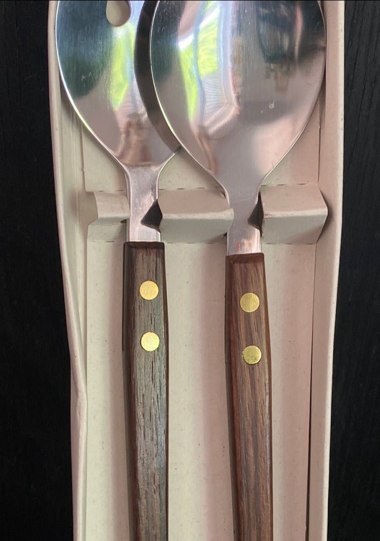 Mid Century Vintage Rosewood Handle Salad Fork and Spoon Set