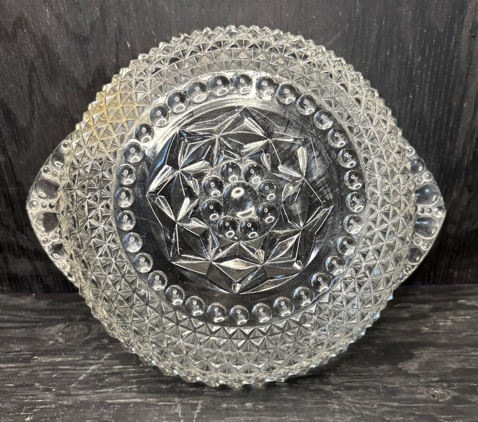 Pressed Glass Diamond and Bead Pattern Serving Bowl - HLJ at HomePressed Glass Diamond and Bead Pattern Serving BowlServing BowlVintage