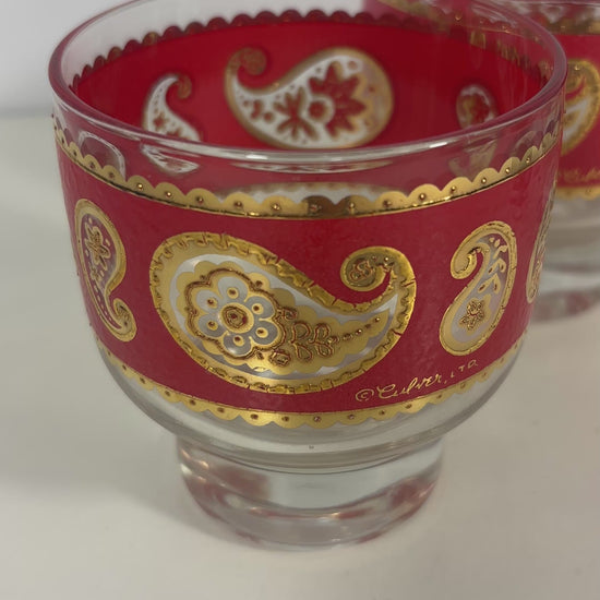 Culver Red Paisley Footed Lowball Rock Glass Set