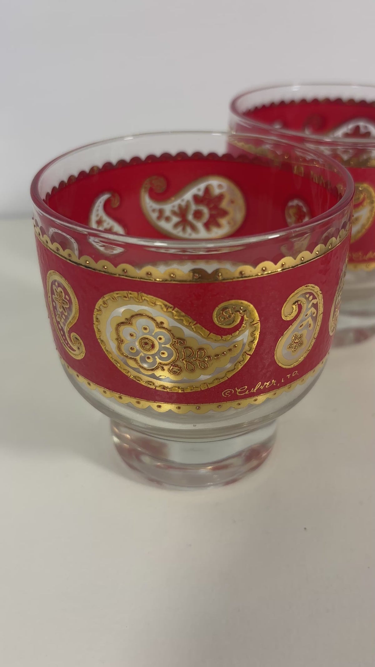 Culver Red Paisley Footed Lowball Rock Glass Set