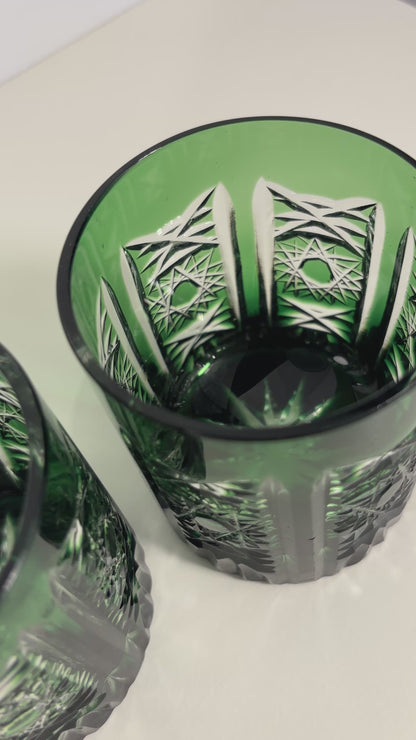 Ajka Crystal Marsala Green Lowball Glasses Pair