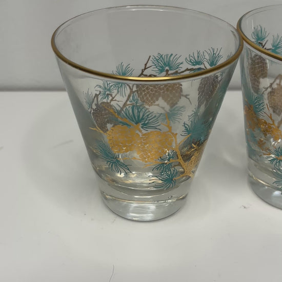 Libbey David Douglas Gold and Teal Pinecone Whiskey Glasses Set