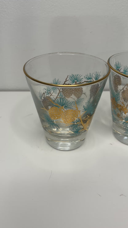 Libbey David Douglas Gold and Teal Pinecone Whiskey Glasses Set