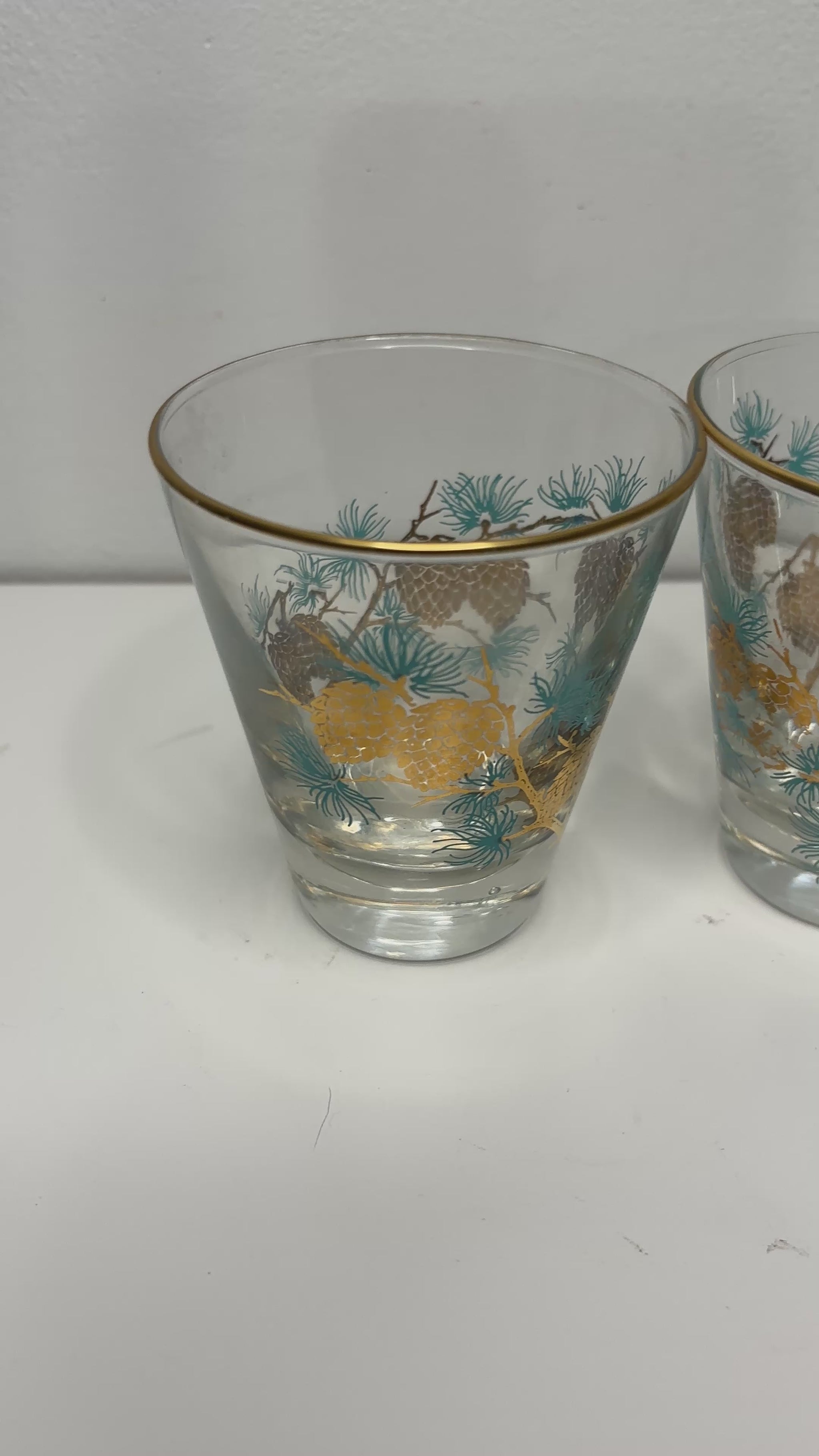 Libbey David Douglas Gold and Teal Pinecone Whiskey Glasses Set