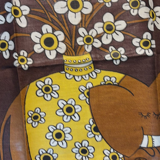 1970s Chris Bash Brown Elephant with Flowers Linen Tea Towel