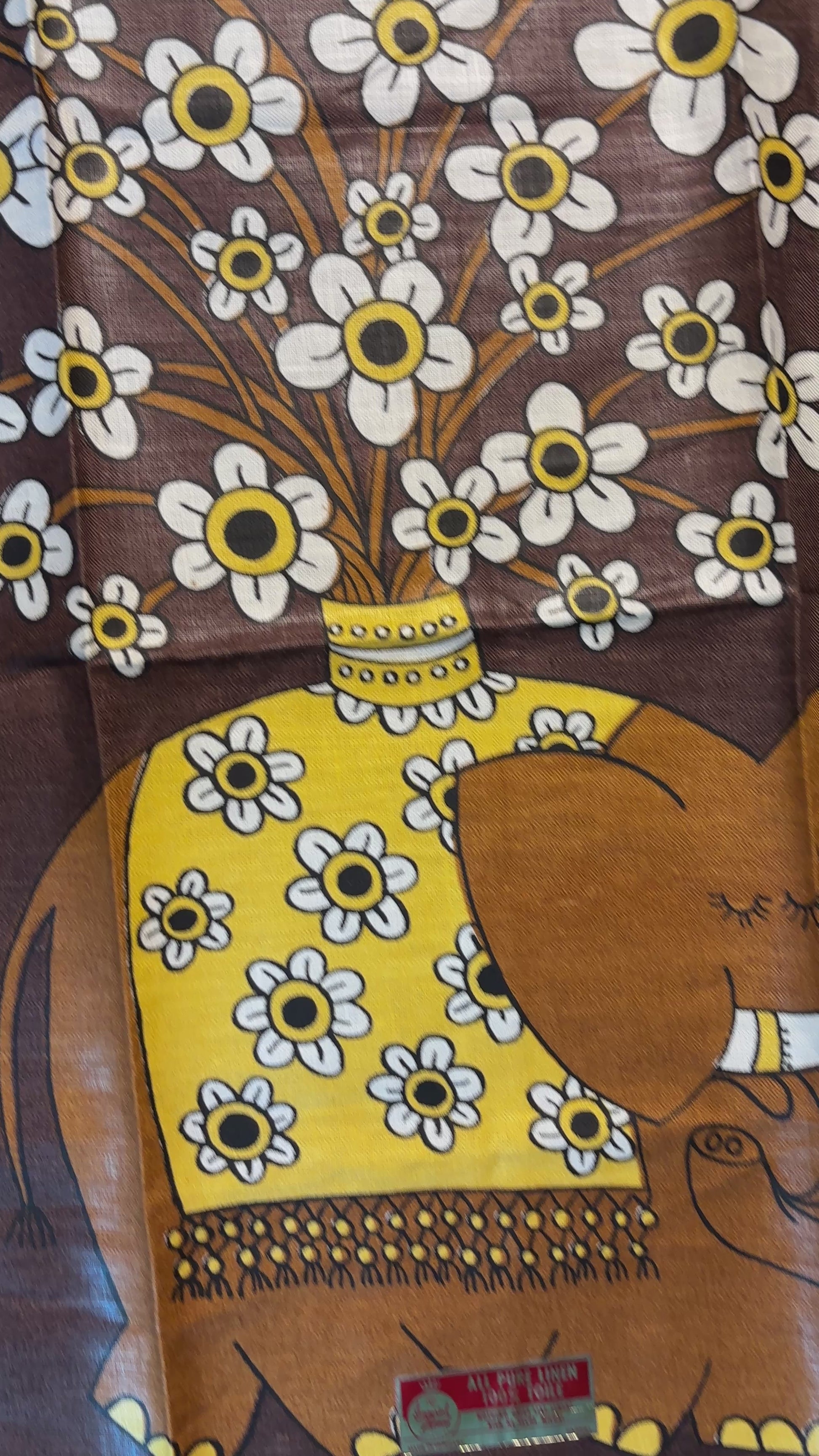 1970s Chris Bash Brown Elephant with Flowers Linen Tea Towel