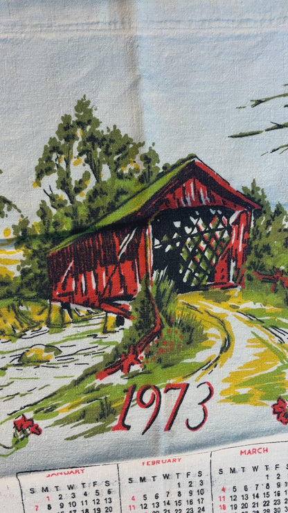 1973 Covered Bridge Calendar Cotton Tea Towel