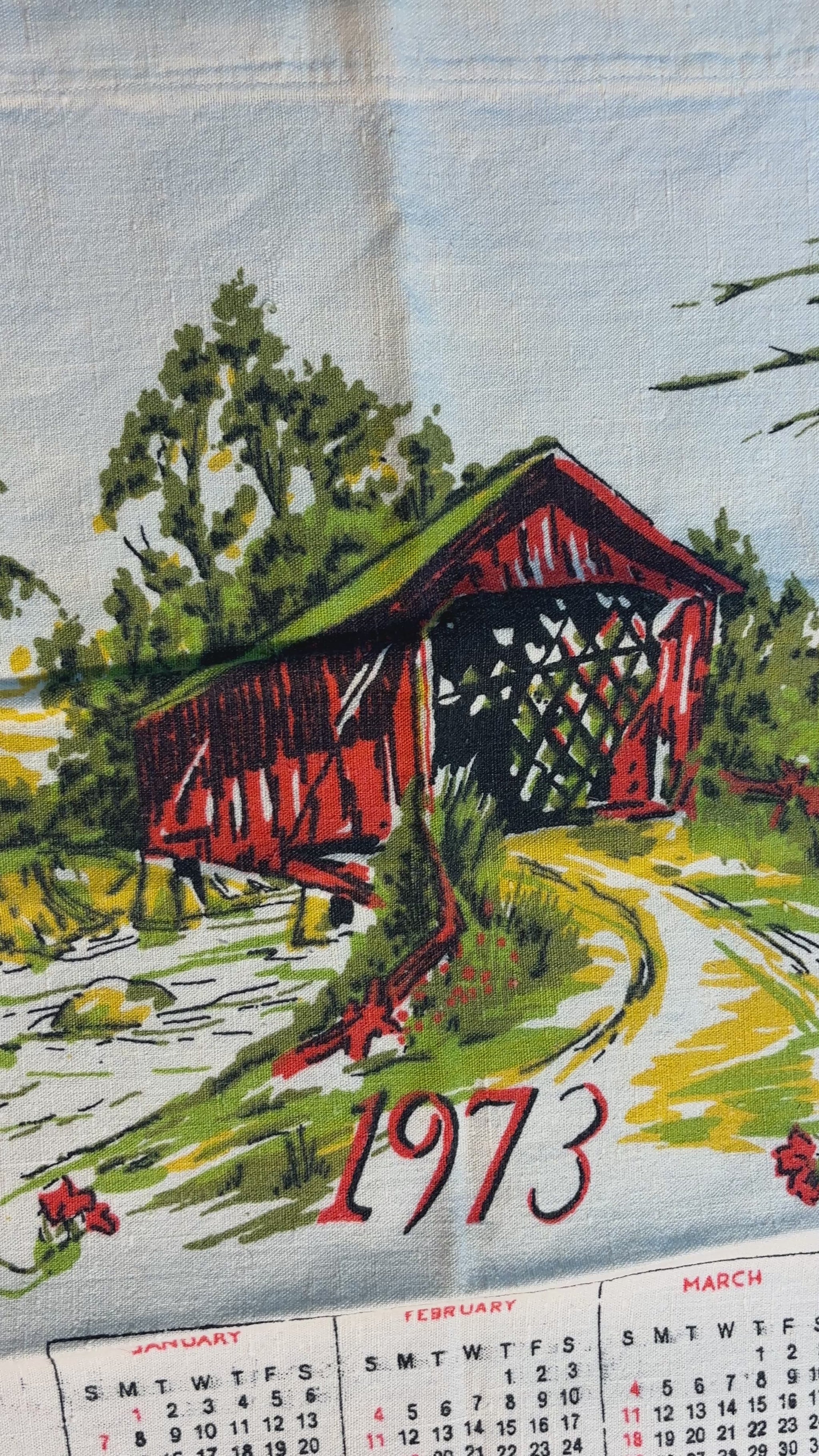 1973 Covered Bridge Calendar Cotton Tea Towel