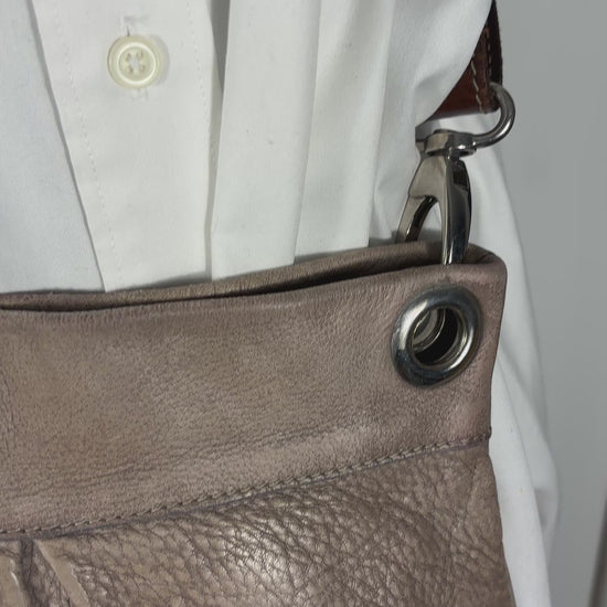 Roots Grey Pleated Leather Crossbody Purse