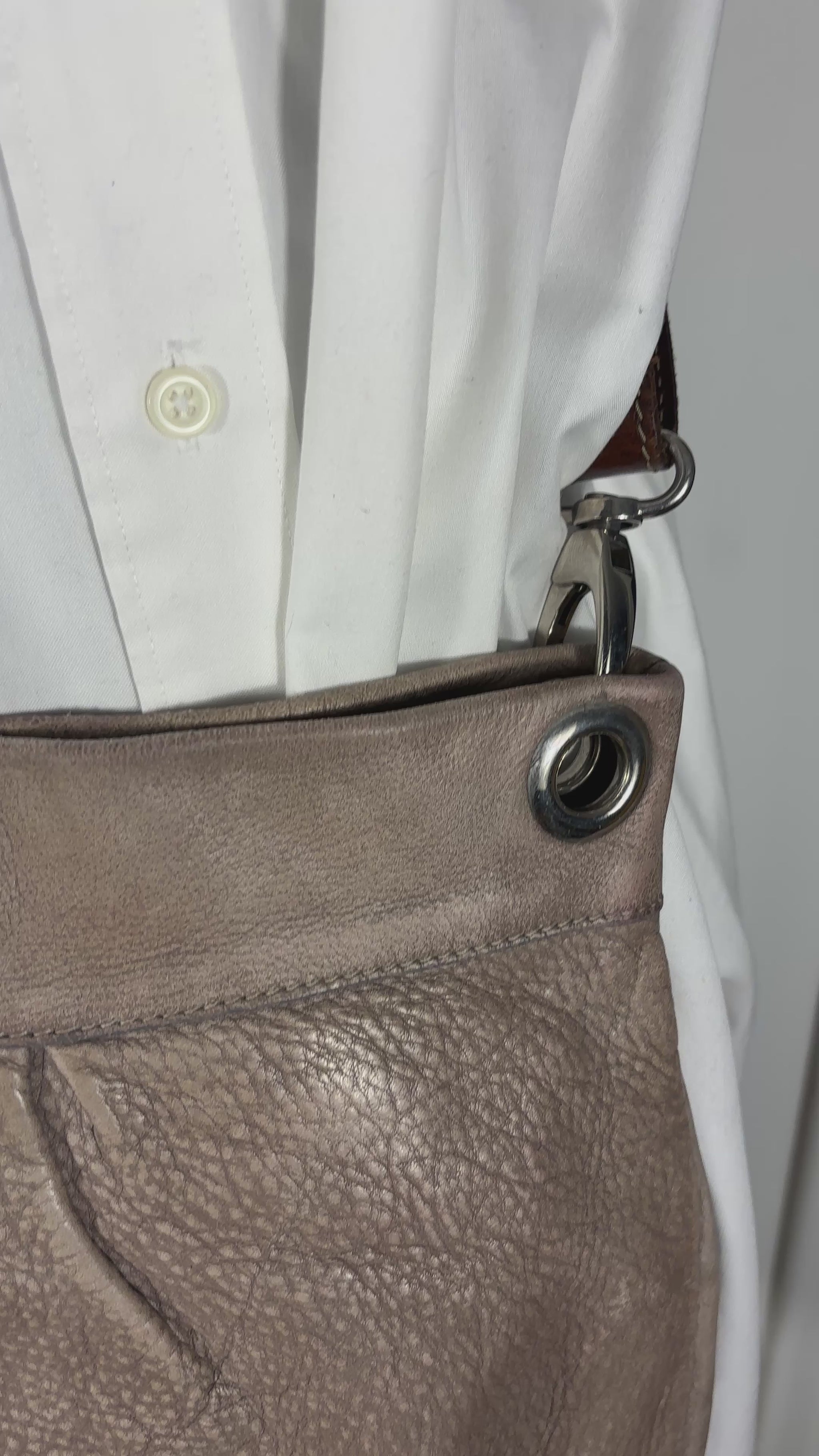 Roots Grey Pleated Leather Crossbody Purse