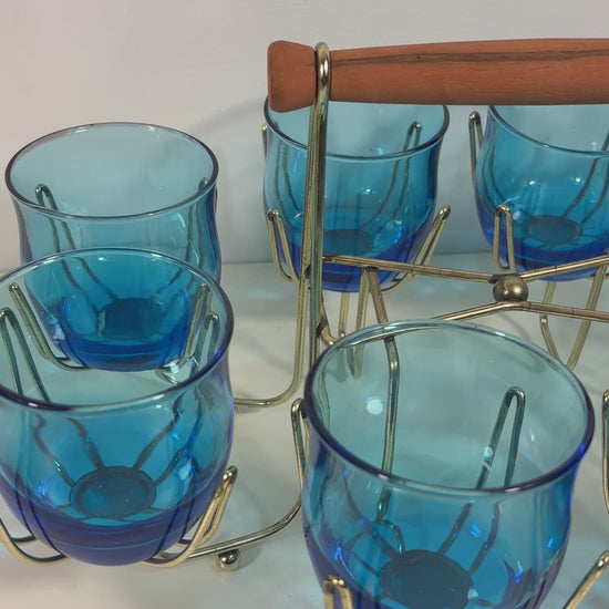 Anchor Hocking Flair Blue Lowball Rock Glass Set with Carrier