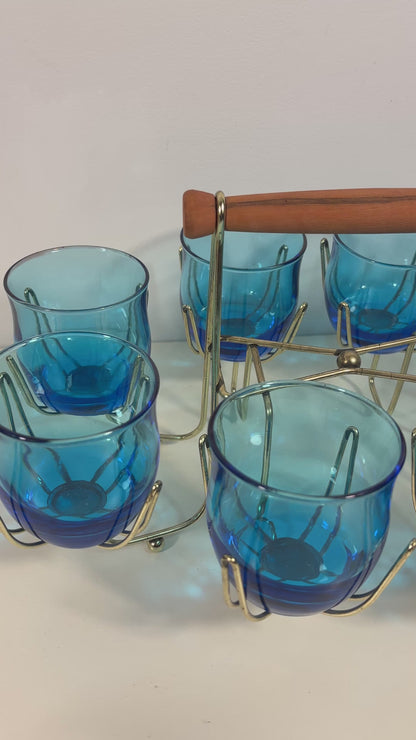 Anchor Hocking Flair Blue Lowball Rock Glass Set with Carrier
